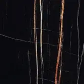 Sahara Noir marble rug with black background and linear white and rusty orange vein-like markings, polished texture, studio shot.